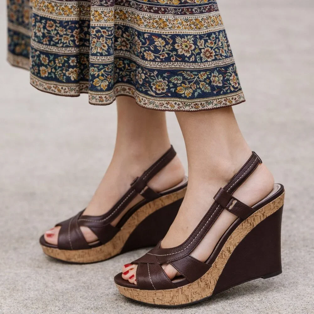 Nordstrom BP Women's RIO Wedge Slingback Sandal Brown Size 8M Cork Leather - Picture 1 of 6